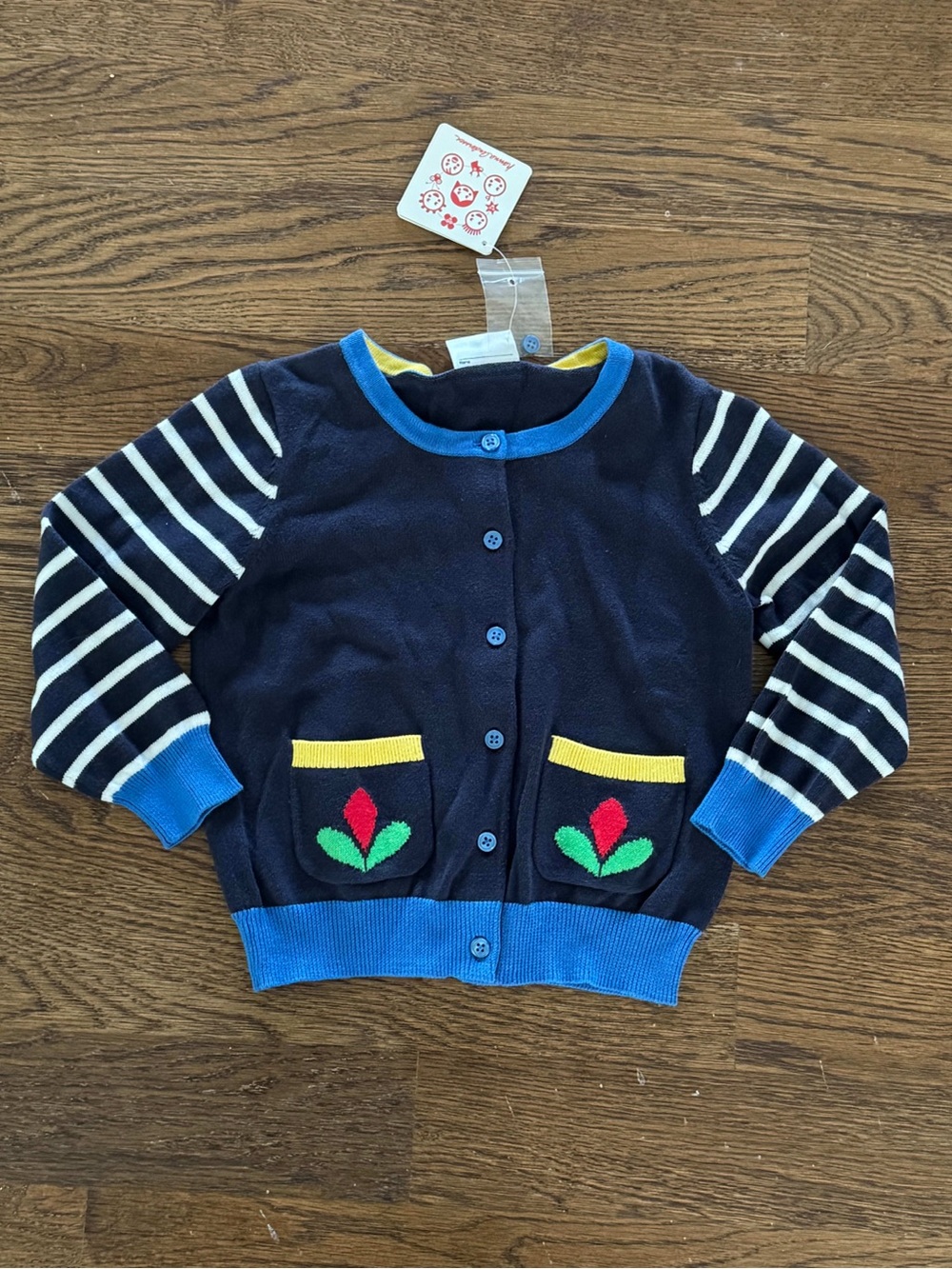 Hanna Andersson Navy Knit Sweater with Striped Sleeves and Floral Design Pockets